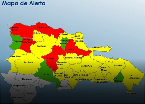 COE emite alerta roja para La Vega, Duarte, Puerto Plata, Montecristi y Santiago Rodríguez