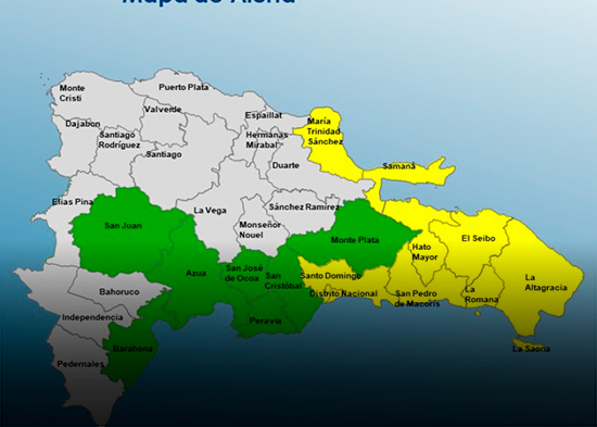Colocan 9 provincias en alerta amarilla y 7 en verde por lluvias de onda tropical y vaguada